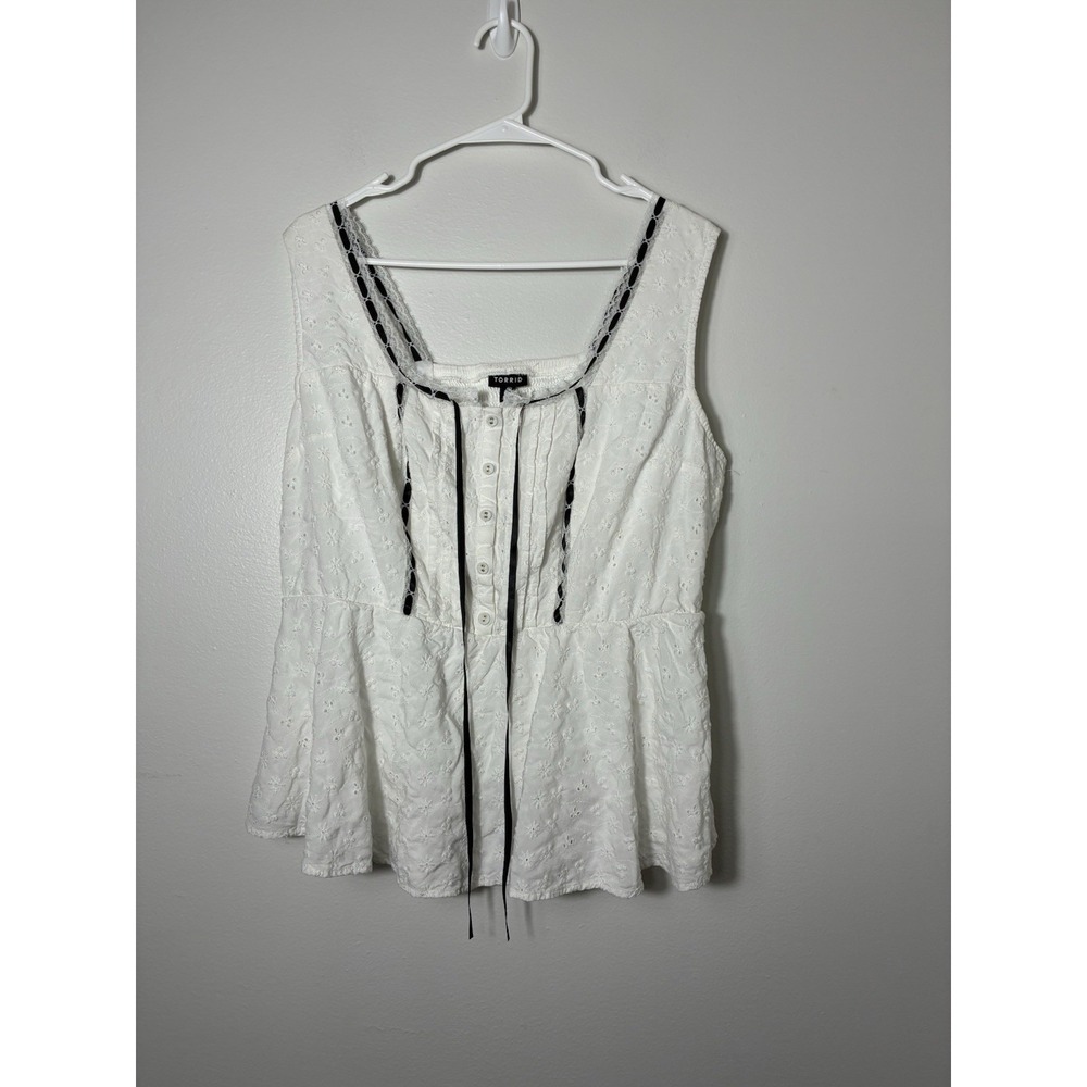 torrid White Eyelet Sleeveless Peplum Tank with Black Trim